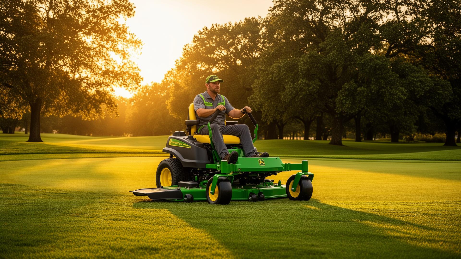 Professional landscaper operating a ride-on mower